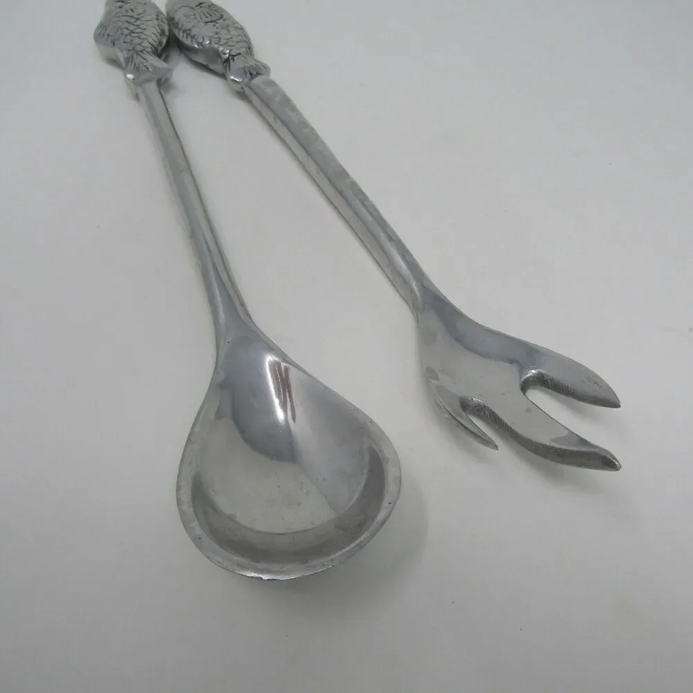 Vintage Fish Handle Salad Serving Set Aluminum Spoon Fork Coastal Decor 12.5